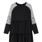 Black Plus Size Striped Leopard Patch Sleeve Ruffle Tiered Dress