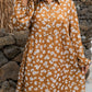 Khaki Plus Size Daisy Floral Print Button Split Neck Puff Sleeve Dress