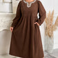 Coffee Embroidered Notched Neckline Textured Pleated High Waist Plus Size Midi Dress