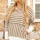 Brown Stripe Quarter Buttons Drop Sleeve Plus Size Hoodie