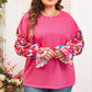 Bright Pink Floral Patchwork Flounce Sleeve Rib Knit Plus Top