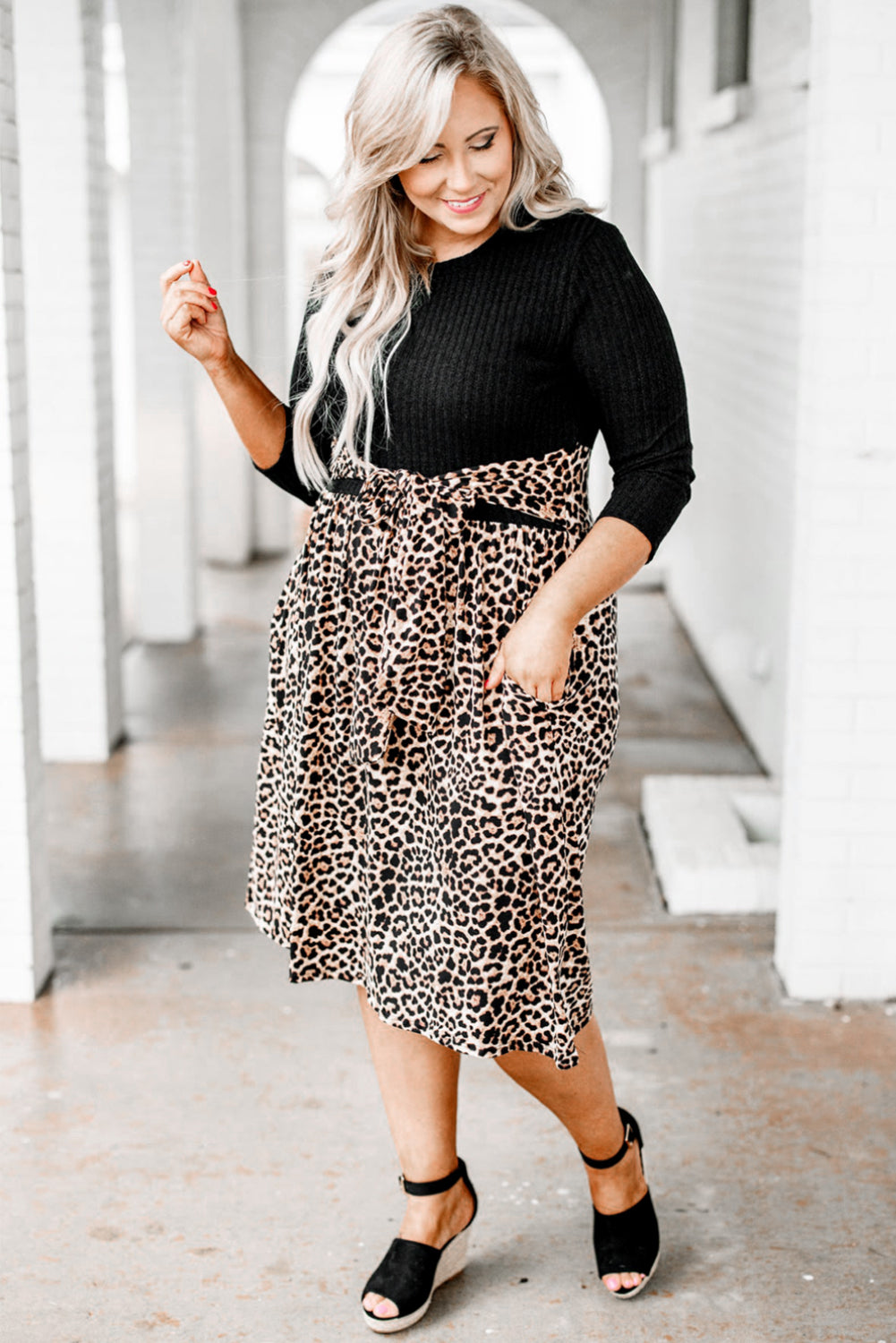 Black Ribbed Knit Leopard Plus Size Midi Dress