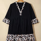 Black Plus Size Leopard Patchwork V Neck 3/4 Sleeve Ruffle Hem Mini Dress