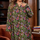 Green Plus Size Floral Print Collared V Neck Loose Mini Dress