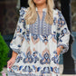 Sky Blue Plus Size Boho Print Split Neck Long Sleeve Mini Dress