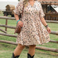 Beige Printed Surplice V Neck Cuffed Sleeve Empire Waist Plus Size Dress
