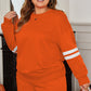 Orange Plus Size Varsity Striped Drop Shoulder Pullover Drawstring Elastic Waistband Short Set