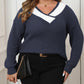 Plus Size Contrast Dropped Shoulder Long Sleeve Sweater