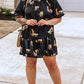 Black Plus Size Cheetah Print Puff Sleeve Ruffle Mini Dress