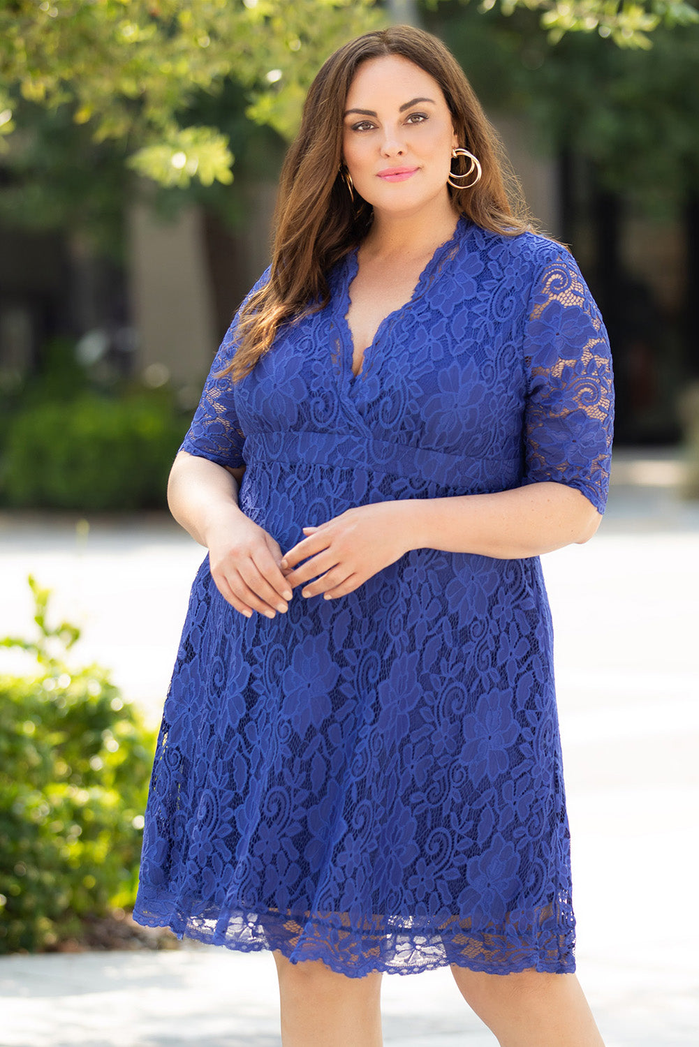 Blue Plus Size Half Sleeve Lined Lace Midi Dress