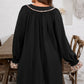 Black Plus Size Notched Neck Leopard Trim Flounce Long Sleeve Shift Dress