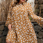 Khaki Plus Size Daisy Floral Print Button Split Neck Puff Sleeve Dress