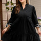 Black Contrast Trim Knot Cuffs Plus Size V Neck Mini Dress