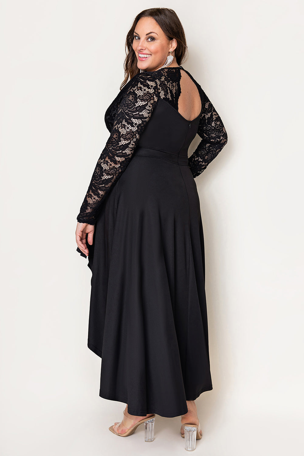 Black Plus Size High-Low Lace Contrast Evening Dress