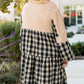Black Plaid Waffle Knit Patchwork Collared V Neck Plus Size Mini Dress