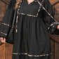 Black Plus Size Long Sleeve Leopard Contrasted Trim Tie Neck Flared Mini Dress