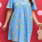 Sky Blue Plus Periwinkle Floral Printed Short Sleeve Striped Trim Split Neck Mini Dress