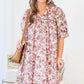 Pink Floral Split Neck Short Sleeve Loose Plus Size Mini Dress