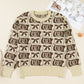 Brown Bow Horseshoe Print Checkered Plus Size Sweater
