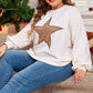 Plus Size Studded Star Round Neck Long Sleeve Blouse