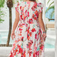 Pink Floral Print V Neck Ruffle Sleeve Plus Size Midi Dress