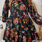 Black Plus Size Floral Print Tie Neck Cinched Waist Long Sleeve Mini Dress