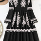 Black Plus Size Western Floral Print Fringed V Neck Dress