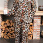 Khaki Plus Leopard Print Contrast Piping Striped Patchwork 2pcs Long Pajama Set