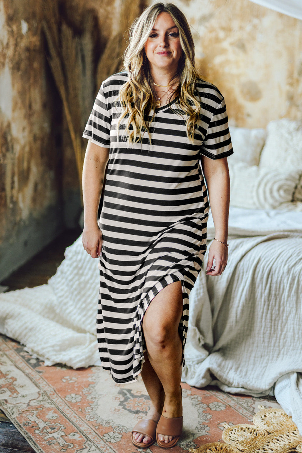 Black Plus Size Striped Print Long T-shirt Dress