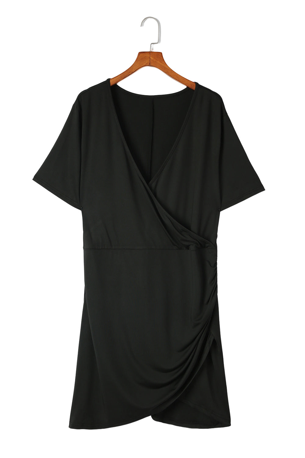 Black Wrap Ruched Short Sleeves Plus Size Mini Dress