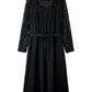 Black Plus Size Sheer Lace Sleeve Belted Ruffle Midi Dress