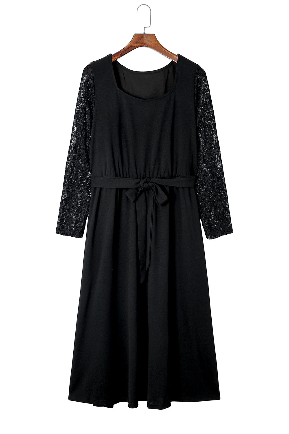 Black Plus Size Sheer Lace Sleeve Belted Ruffle Midi Dress