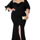 Black Bow Tie Puff Sleeve Plus Size High Slit Maxi Dress