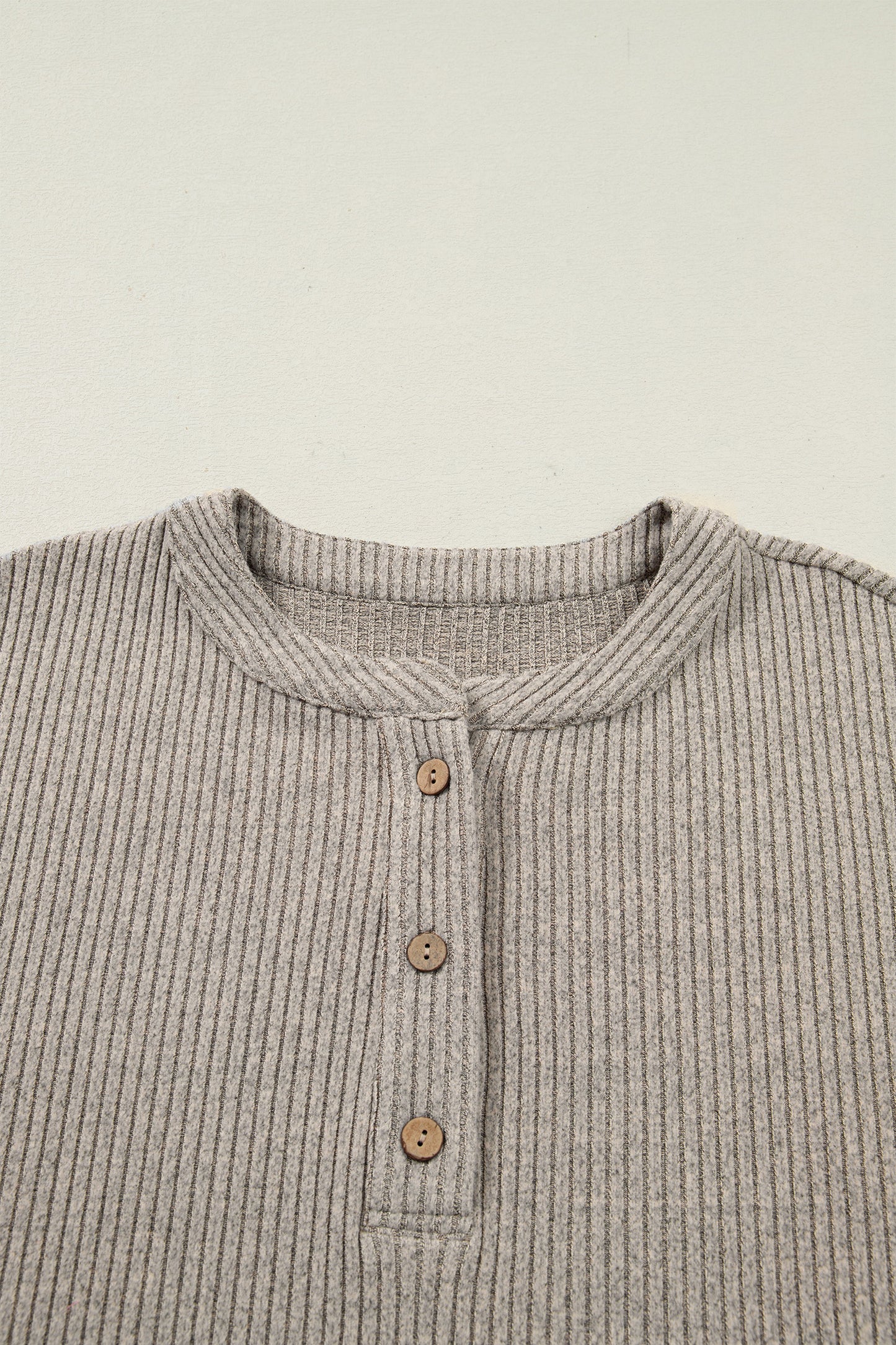 Simply Taupe Plus Size Ribbed Knit Kangaroo Pocket Henley Long Sleeve Top