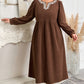 Coffee Embroidered Notched Neckline Textured Pleated High Waist Plus Size Midi Dress