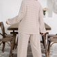 Khaki Stripe Plus Size Collared V Neck Loose Pullover Drawstring Elastic Waist Wide Leg Pant Set