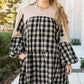 Black Plaid Waffle Knit Patchwork Collared V Neck Plus Size Mini Dress