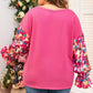 Bright Pink Floral Patchwork Flounce Sleeve Rib Knit Plus Top