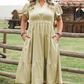 Laurel Green Notched V Neck Puff Sleeve Tiered Plus Size Maxi Dress