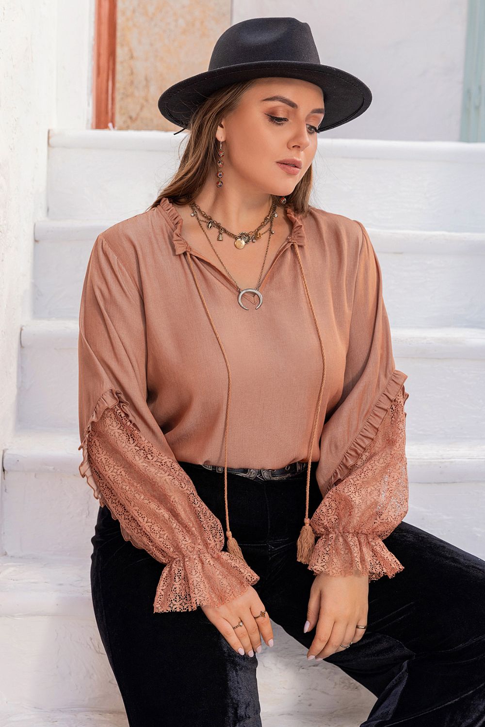 Plus Size Tie Neck Flounce Sleeve Blouse