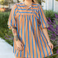 Khaki Stripe Contrast Striped Print 3/4 Sleeve Babydoll Plus Size Dress