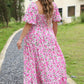Pink Plus Size Floral Print Smocked Puff Sleeve Dress