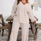 Khaki Stripe Plus Size Collared V Neck Loose Pullover Drawstring Elastic Waist Wide Leg Pant Set