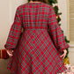 Red Plus Size Plaid Half Button Long Sleeve Holiday Dress