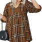 Brown Printed Plaid V Neck Plus Size Babydoll Dress