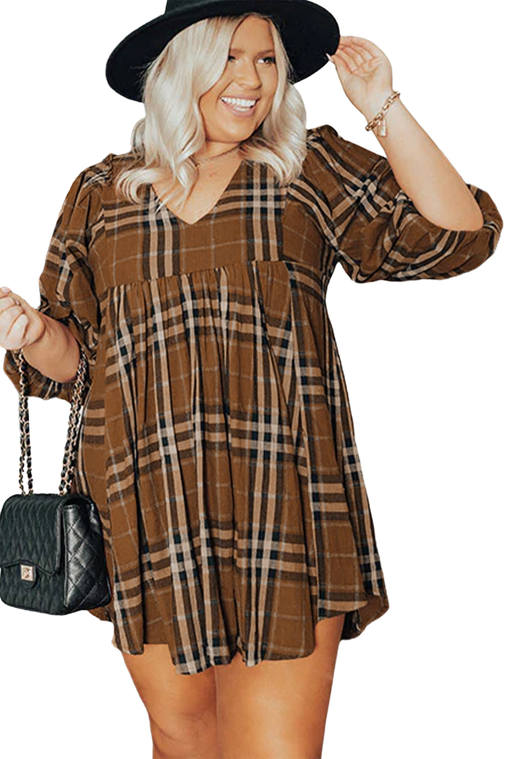 Brown Printed Plaid V Neck Plus Size Babydoll Dress