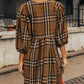 Brown Printed Plaid V Neck Plus Size Babydoll Dress