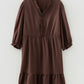 Coffee Plus Size Frilled Trim V Neck Puff Sleeve Textured Mini Dress