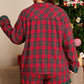Red Plus Size Plaid Contrast Patchwork Long Sleeve Shirt and Shorts 2pcs Pajama Set