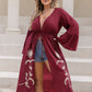 Plus Size Floral Drawstring Flared Sleeve Cardigan